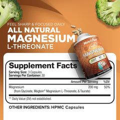 Nutrivein Magtein bottle back label highlights vegan ingredients and US production.