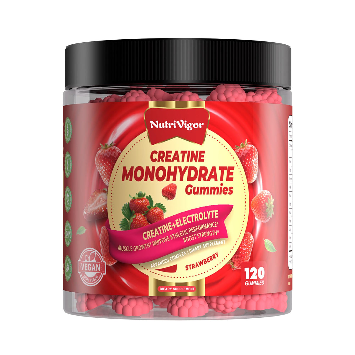 NutriVigor Creatine Gummies bottle front showing convenient energy support for workouts.