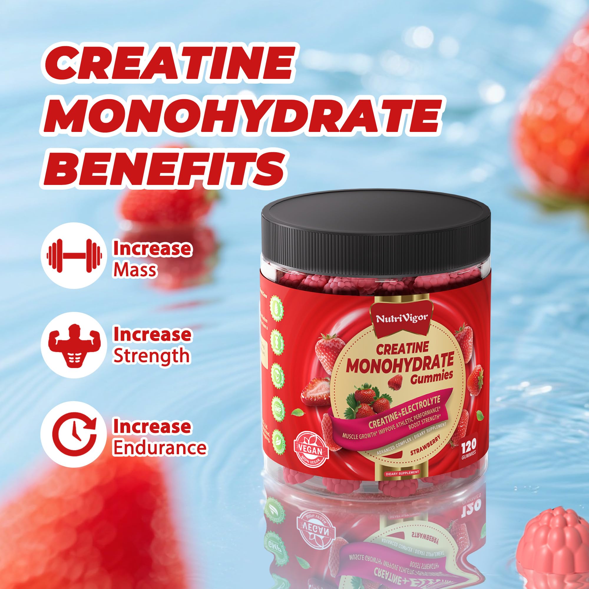 NutriVigor Creatine Gummies closeup reveals chewy texture and strawberry flavor.