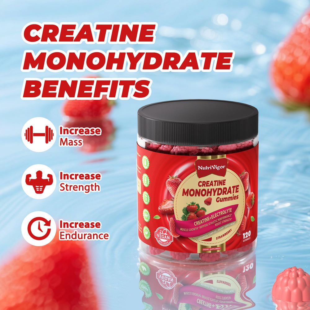 NutriVigor Creatine Gummies closeup reveals chewy texture and strawberry flavor.