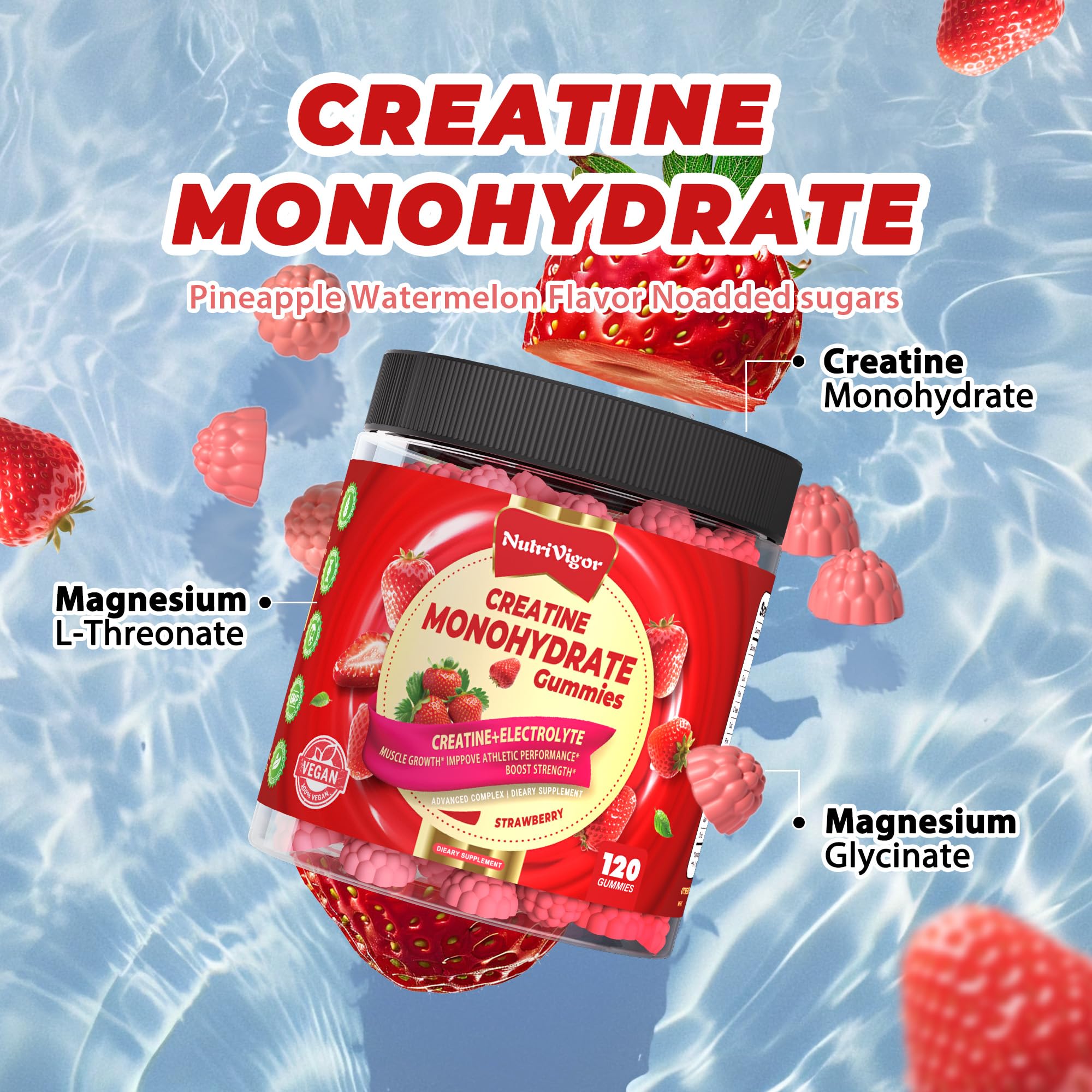 NutriVigor Creatine Gummies serving pour illustrating easy dose for on-the-go training.