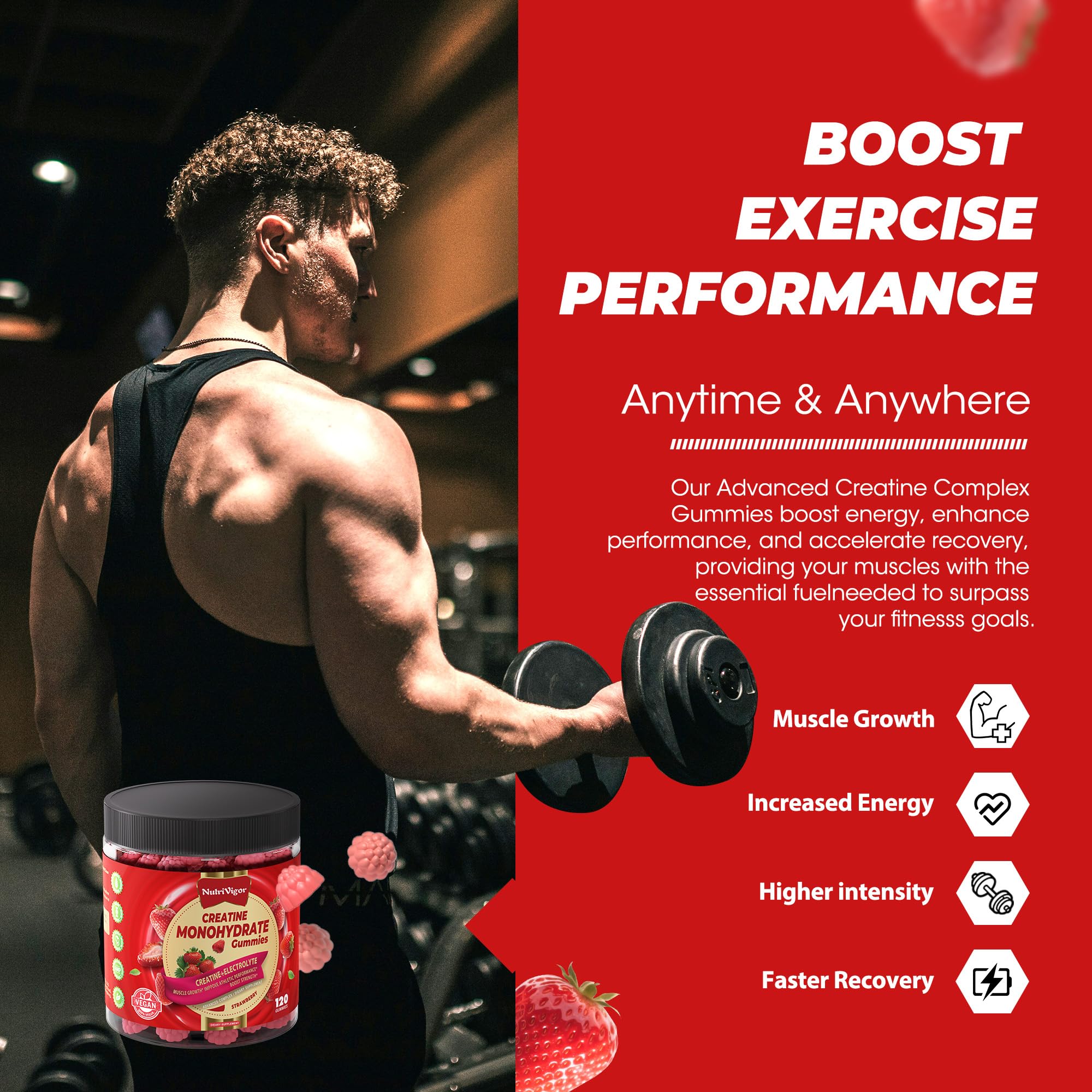 NutriVigor Creatine Gummies strawberry piece highlights sugar-free clean snacking.
