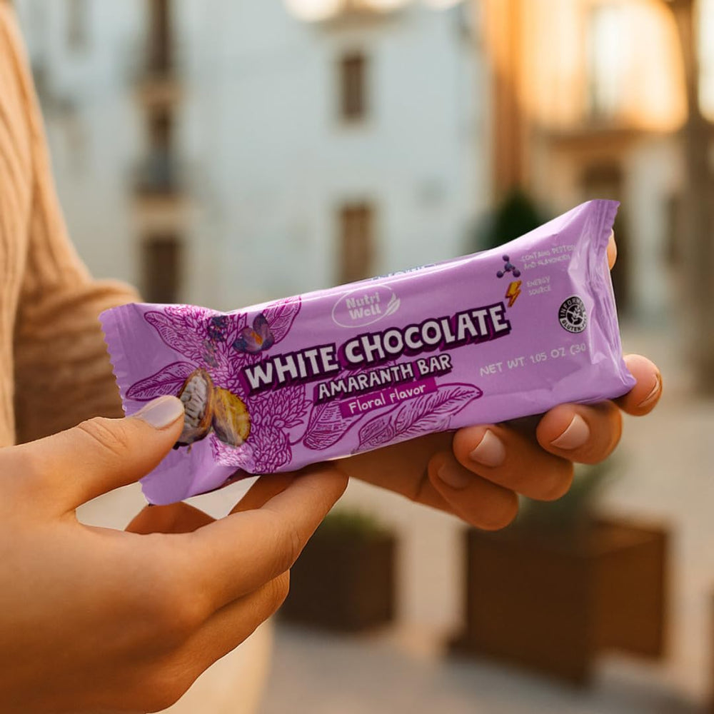 Nutriwell white chocolate melt close-up highlights creamy texture and snack appeal.