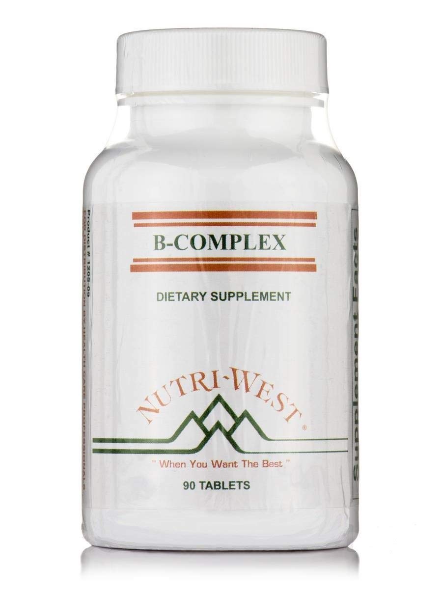 NutriWest B-Complex bottle and tablets for daily energy metabolism.
