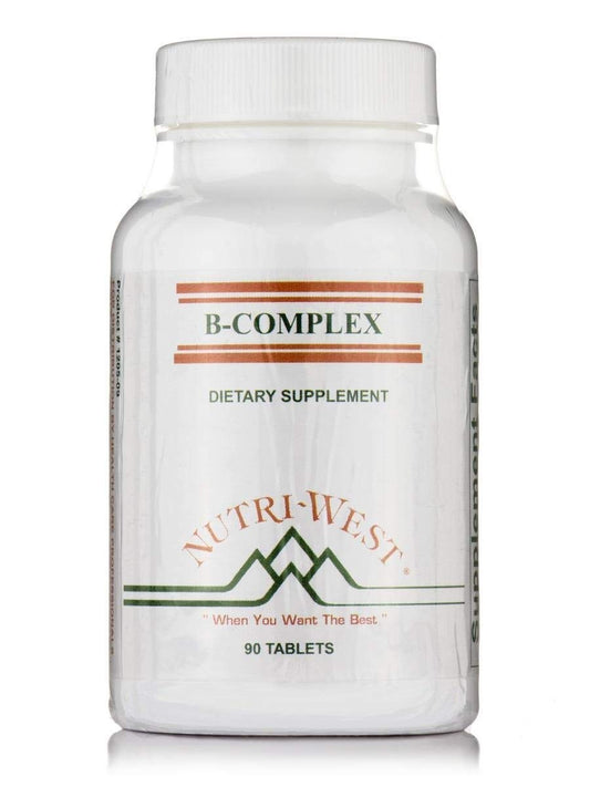 NutriWest B-Complex bottle and tablets for daily energy metabolism.
