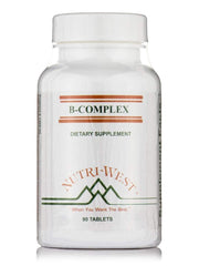 NutriWest B-Complex bottle and tablets for daily energy metabolism.