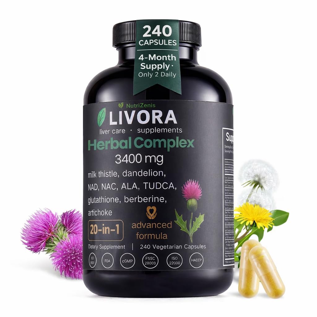 NutriZenis LIVORA bottle front shows a 20-in-1 herbal blend for daily wellness.