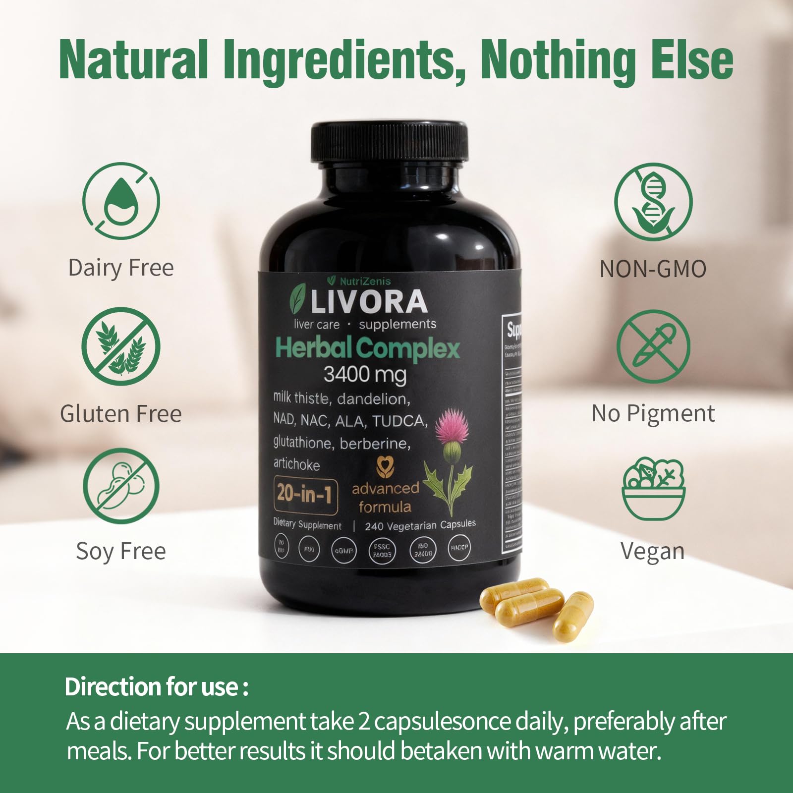 NutriZenis LIVORA vegan-friendly formula badge indicating gluten-free and GMO-free claims.