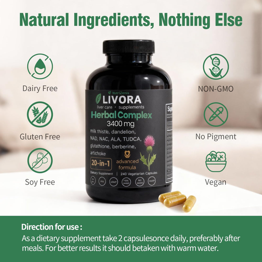 NutriZenis LIVORA vegan-friendly formula badge indicating gluten-free and GMO-free claims.
