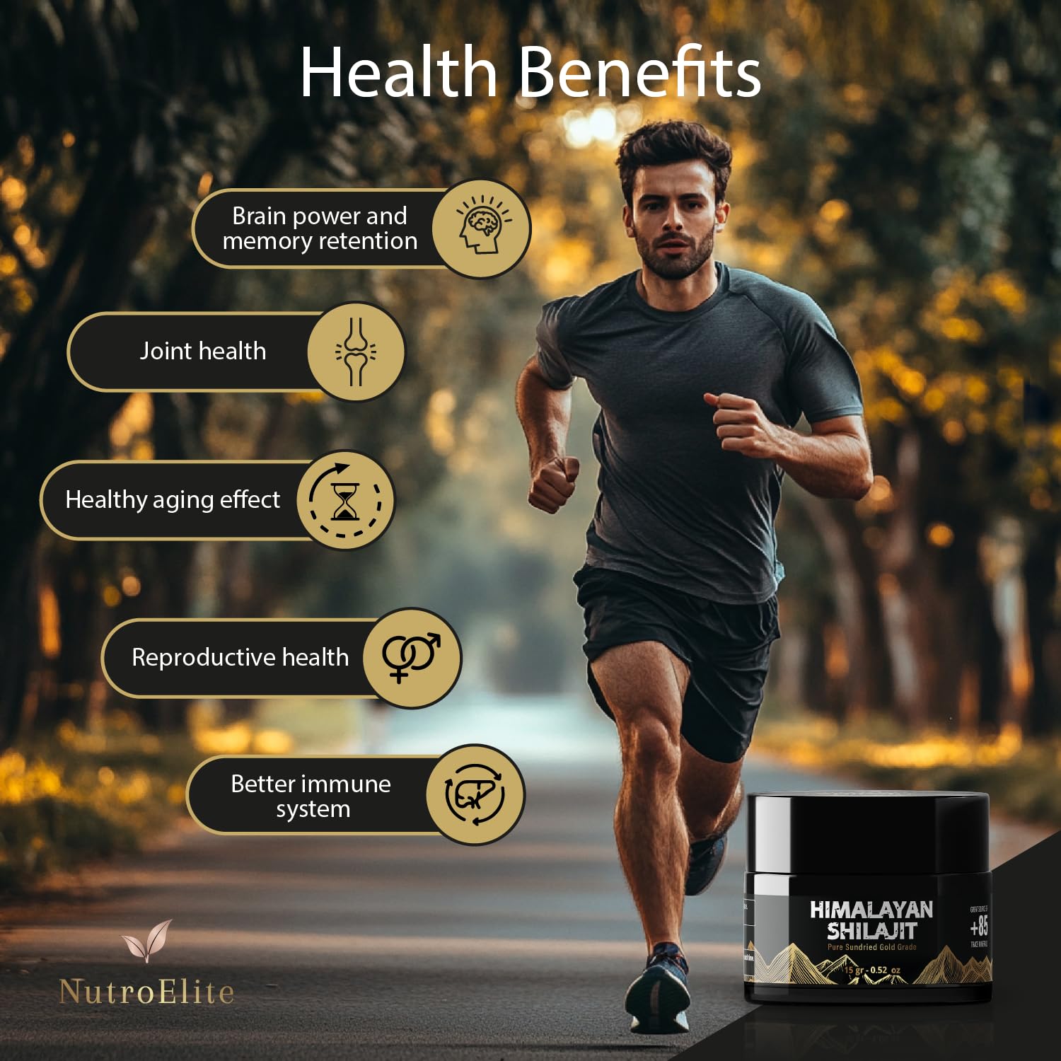 NutroElite Shilajit resin stirred into tea or coffee for daily boost