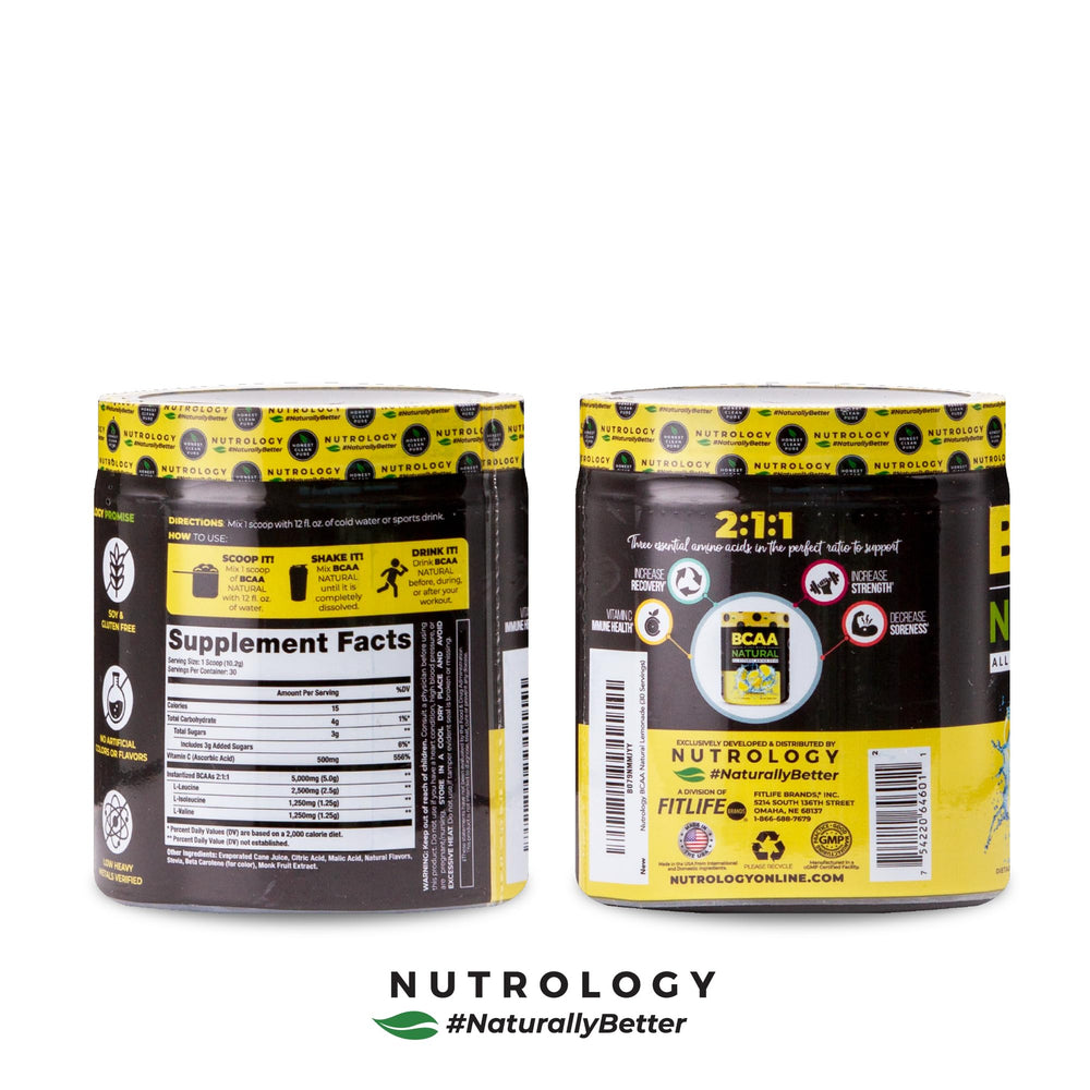 Nutrology BCAA Natural label highlighting vegan, non-GMO ingredients.