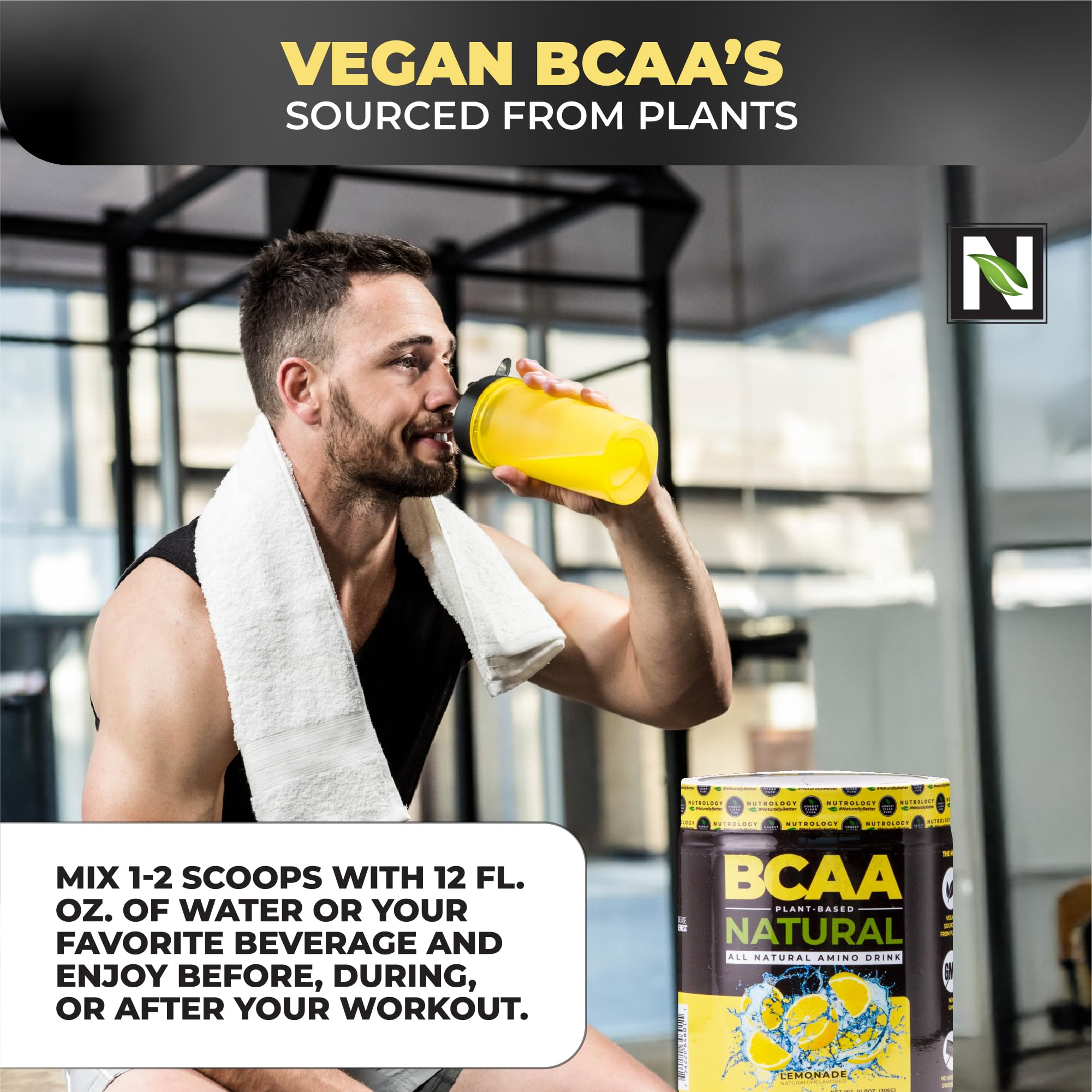 Shaker bottle ready for pre or post workout with Nutrology BCAA Natural.