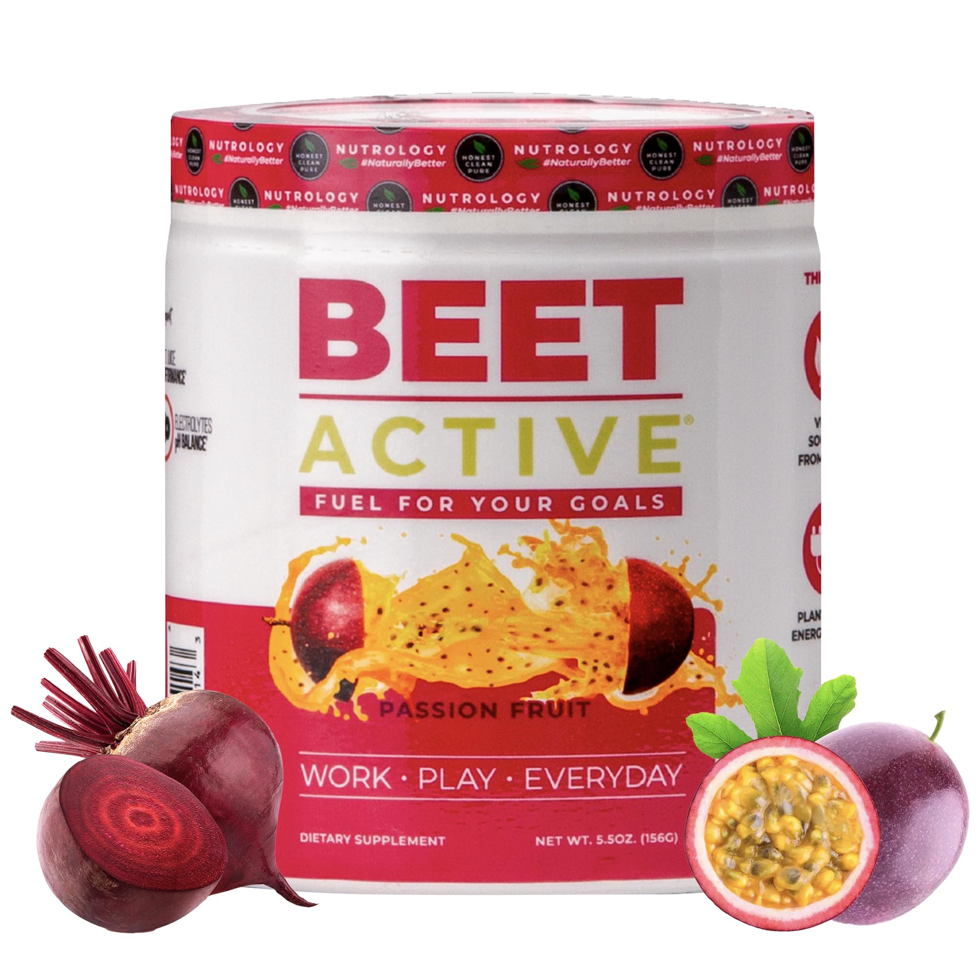 Nutrology Beet Active tub with scoop for a convenient pre-workout energy boost.