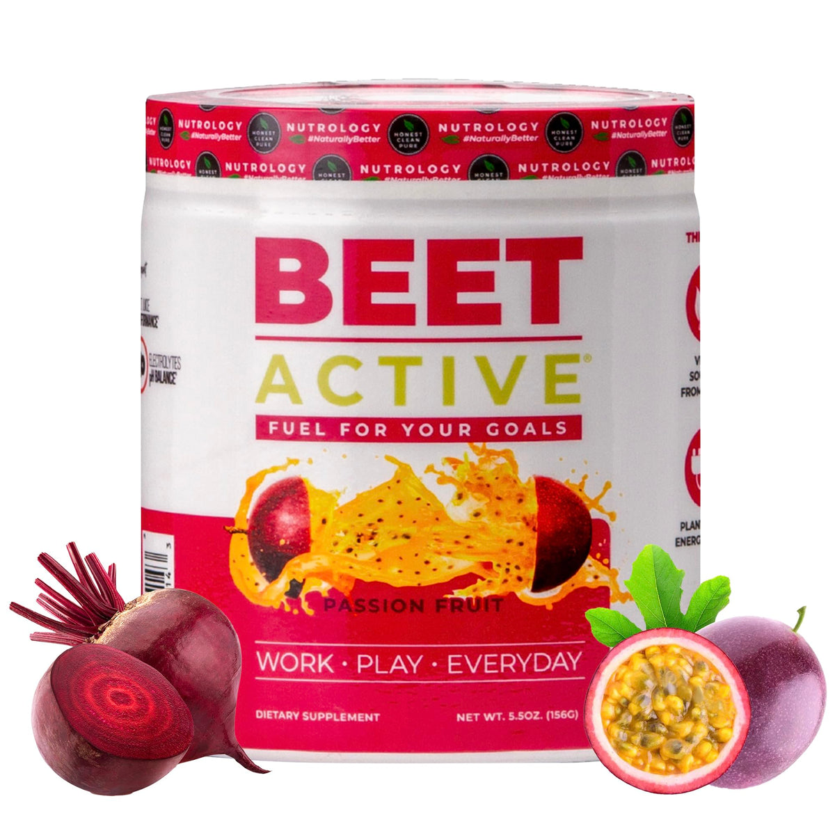 Nutrology Beet Active tub with scoop for a convenient pre-workout energy boost.