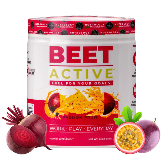Nutrology Beet Active tub with scoop for a convenient pre-workout energy boost.