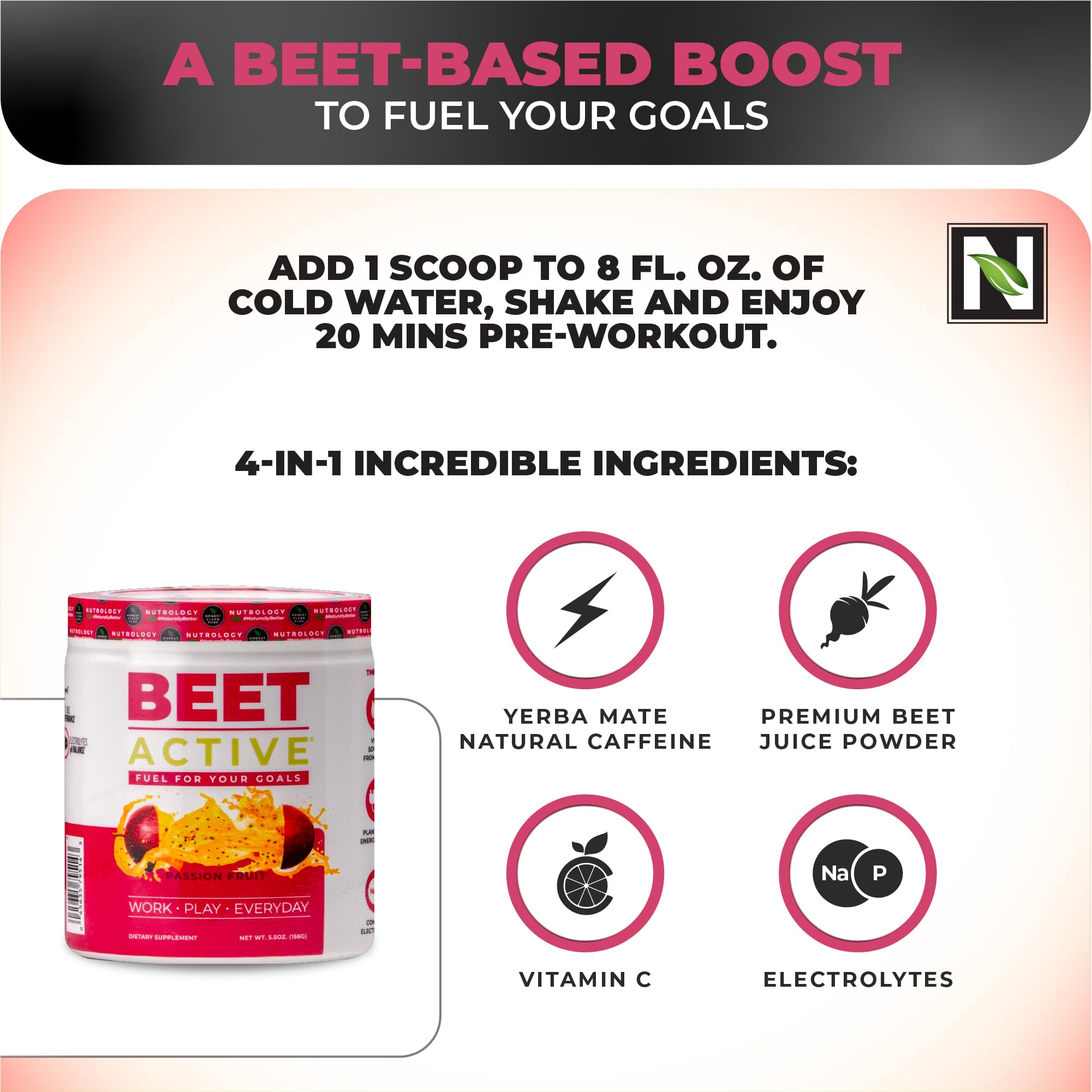 Nutrology Beet Active yerba mate caffeine boost for steady energy during workouts.