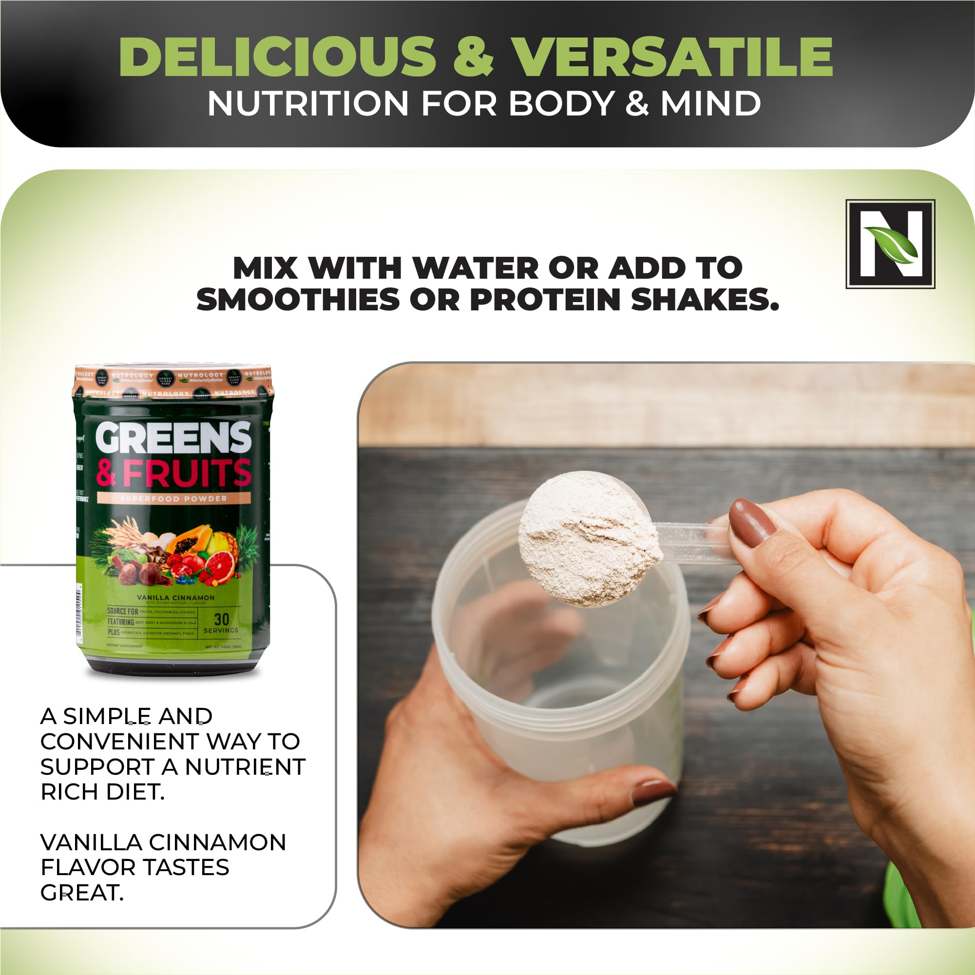 Mushroom blend in Nutrology Greens & Fruits Powder for adaptogenic support