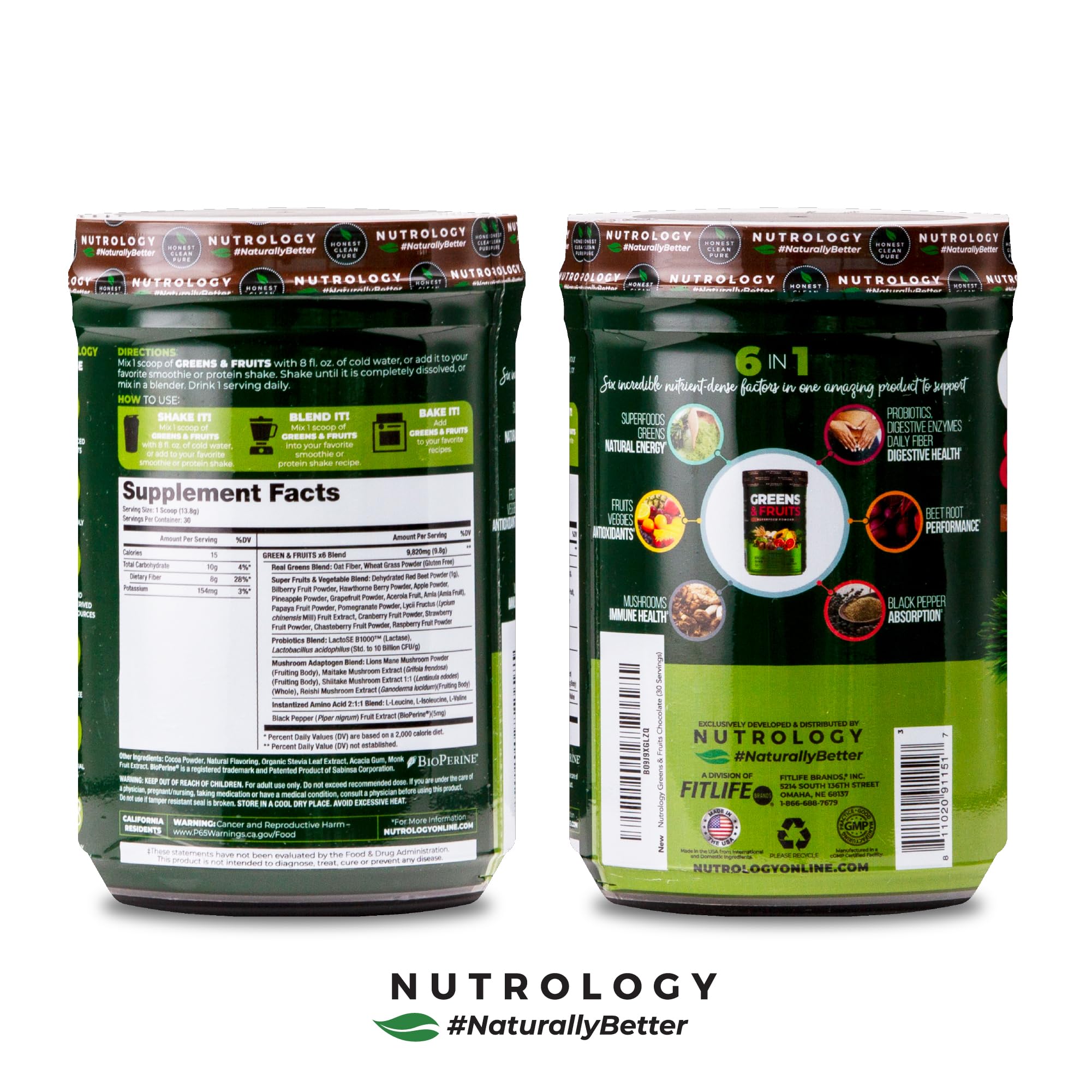 Nutrology powder scoop pouring into a shake for convenient nutrition.