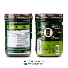 Nutrology powder scoop pouring into a shake for convenient nutrition.