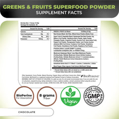 Nutrology greens & fruits powder tub chocolate on kitchen counter.