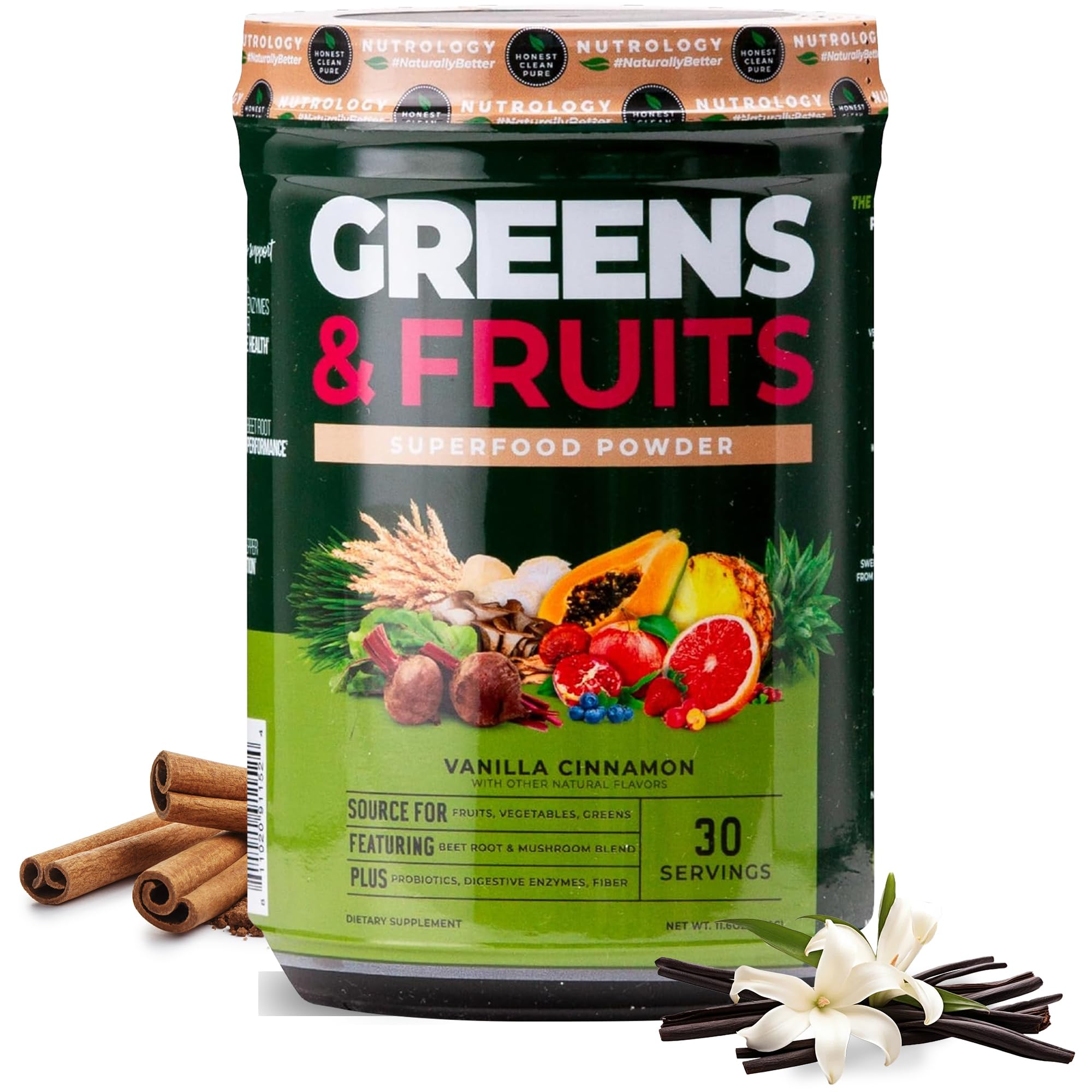 Nutrology Greens & Fruits Powder bottle with vanilla cinnamon flavor supports daily nutrition