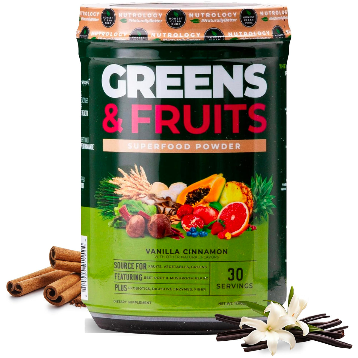 Nutrology Greens & Fruits Powder bottle with vanilla cinnamon flavor supports daily nutrition