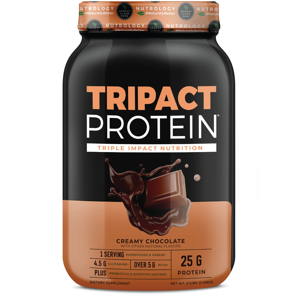 Nutrology TRIPACT bottle in creamy chocolate flavor for a convenient meal replacement