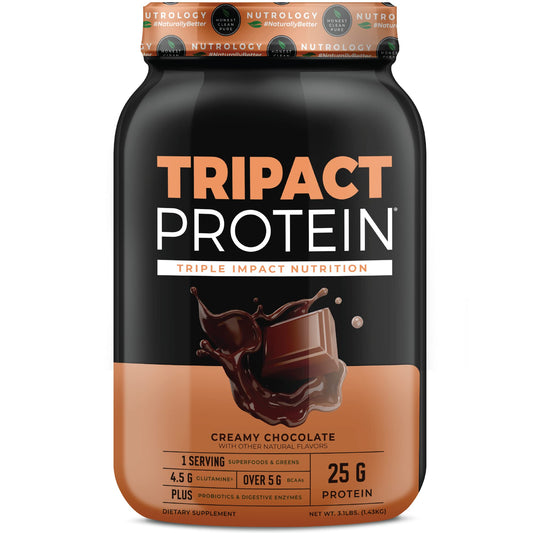 Nutrology TRIPACT bottle in creamy chocolate flavor for a convenient meal replacement