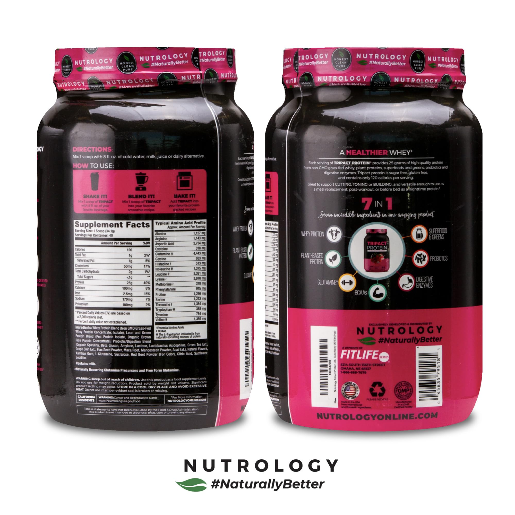 Nutrology TRIPACT powder pouring into water for a quick, mixable shake.