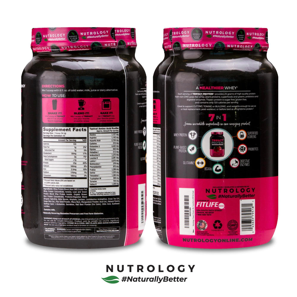 Nutrology TRIPACT powder pouring into water for a quick, mixable shake.