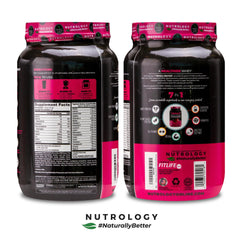 Nutrology TRIPACT powder pouring into water for a quick, mixable shake.