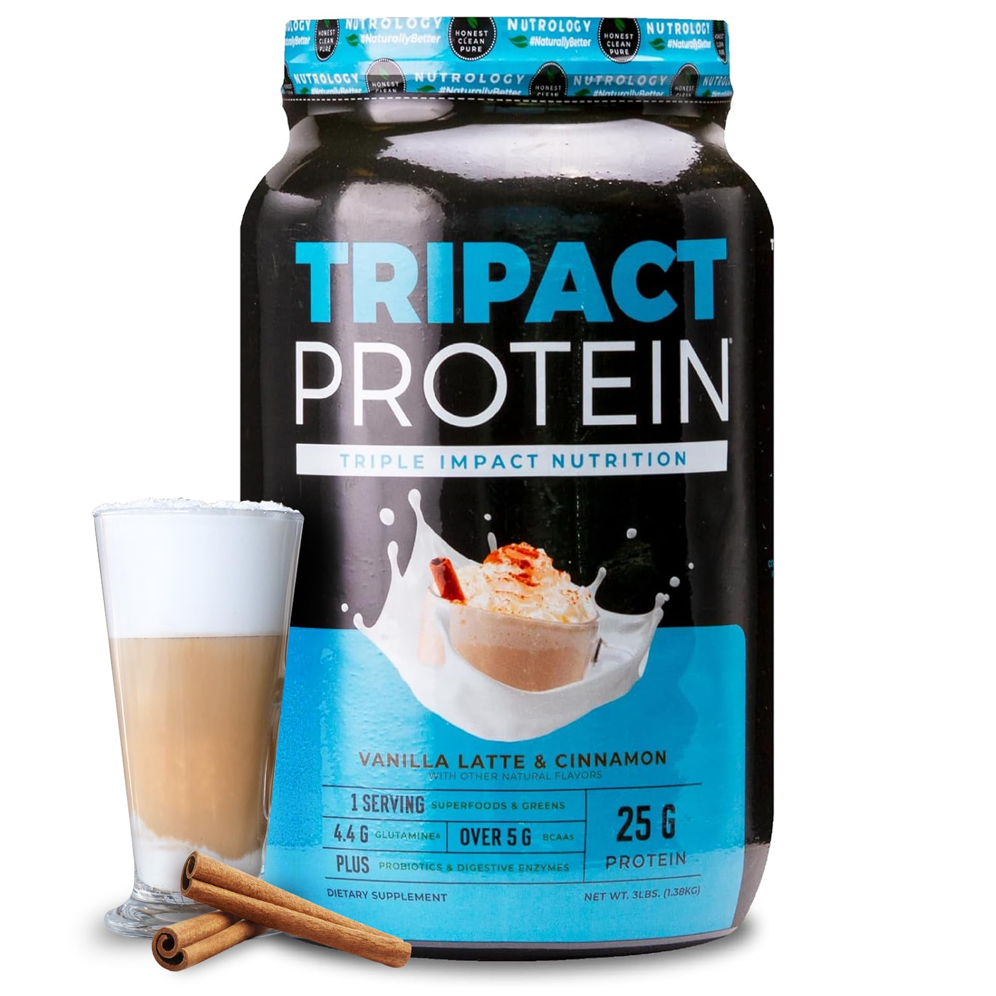 Nutology TRIPACT protein powder bottle front view for workouts and recovery.
