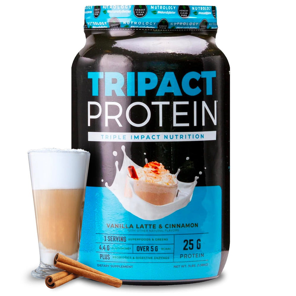 Nutology TRIPACT protein powder bottle front view for workouts and recovery.