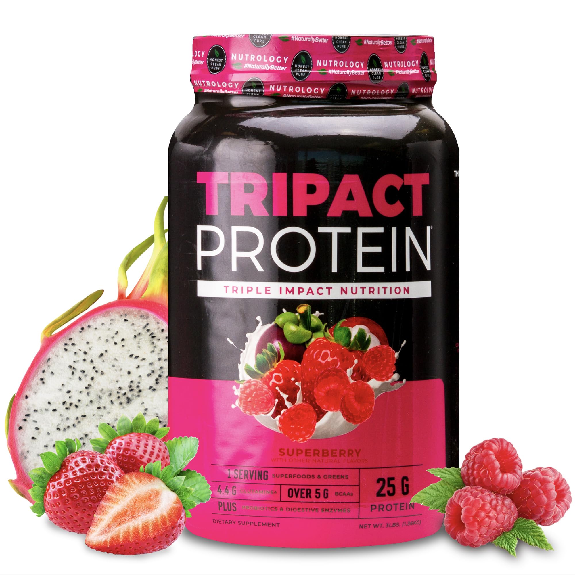 Nutrology TRIPACT protein powder bottle for daily muscle support and recovery.