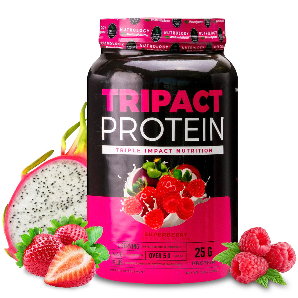 Nutrology TRIPACT protein powder bottle for daily muscle support and recovery.