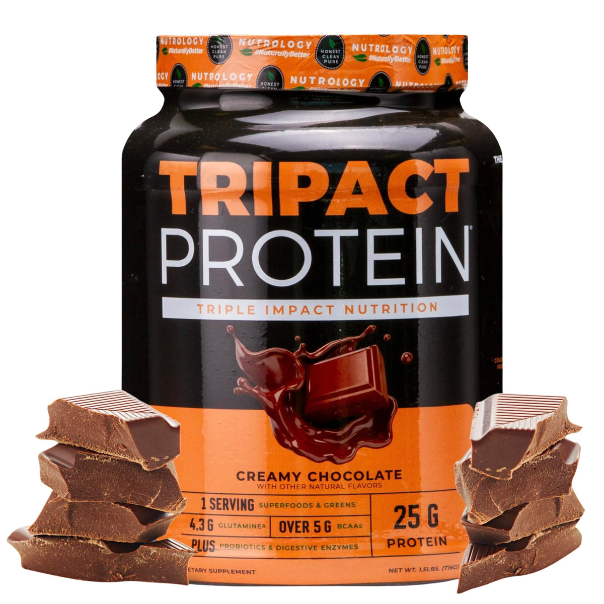 Nutrology Tripact protein powder jar closeup for daily muscle support.