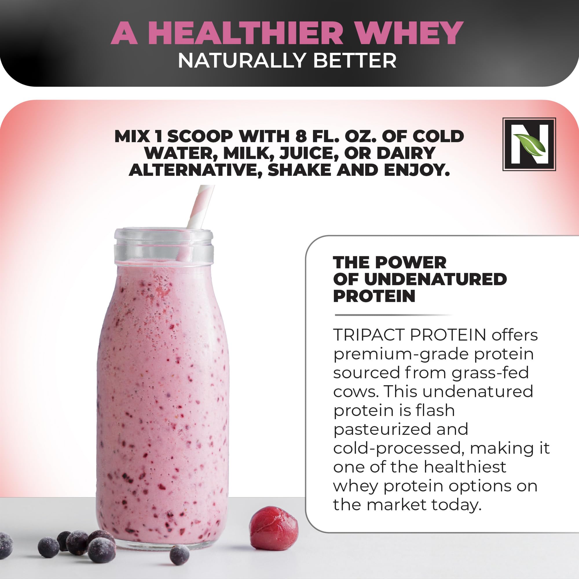 Nutrology TRIPACT protein powder tub green blend close-up highlighting greens and textures.