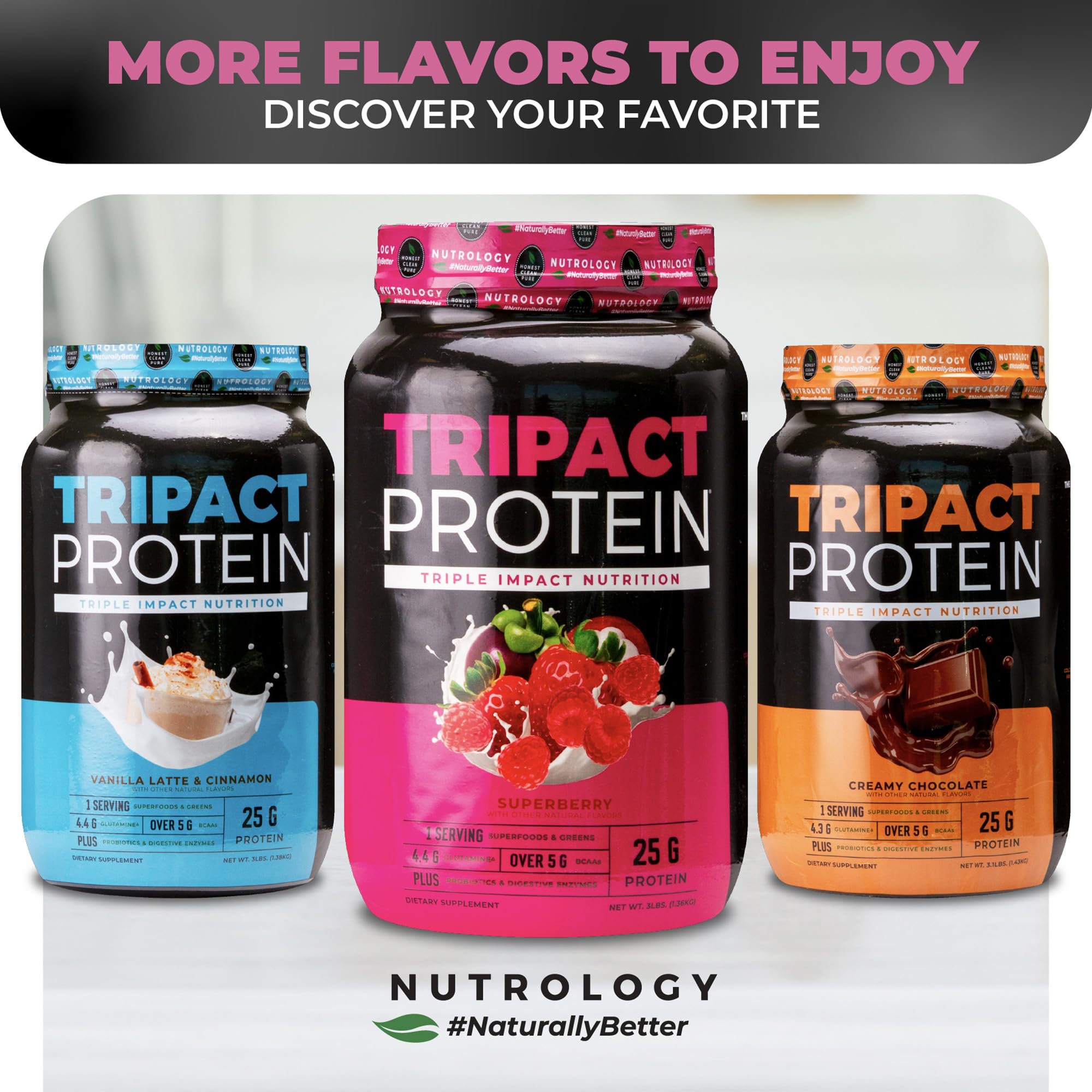 Nutrology TRIPACT ready-to-drink shake beside a glass of nutrition-packed beverage.