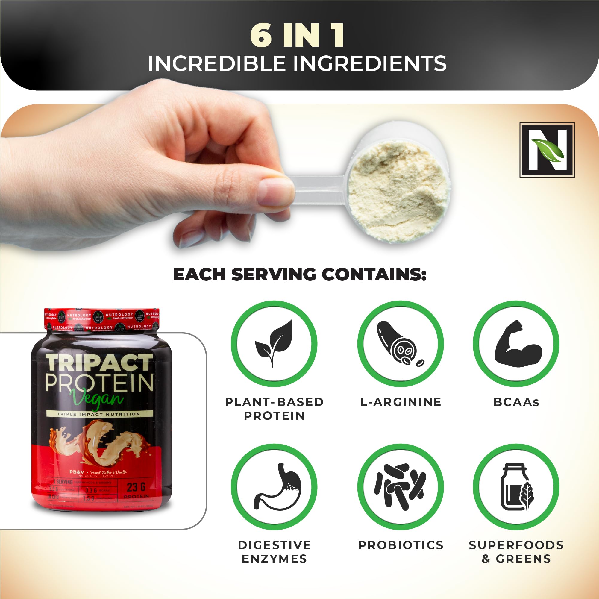 Nutrology TripAct shake glass showing creamy vanilla peanut butter flavor