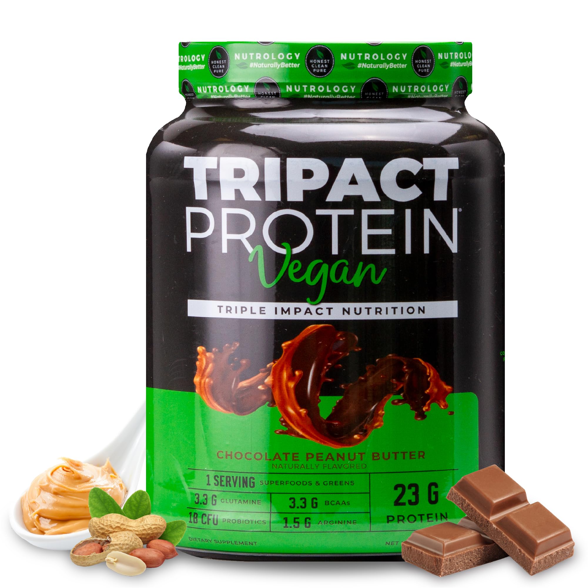 Nutrology TRIPACT vegan protein bottle front highlights plant-based nutrition for lean muscle support