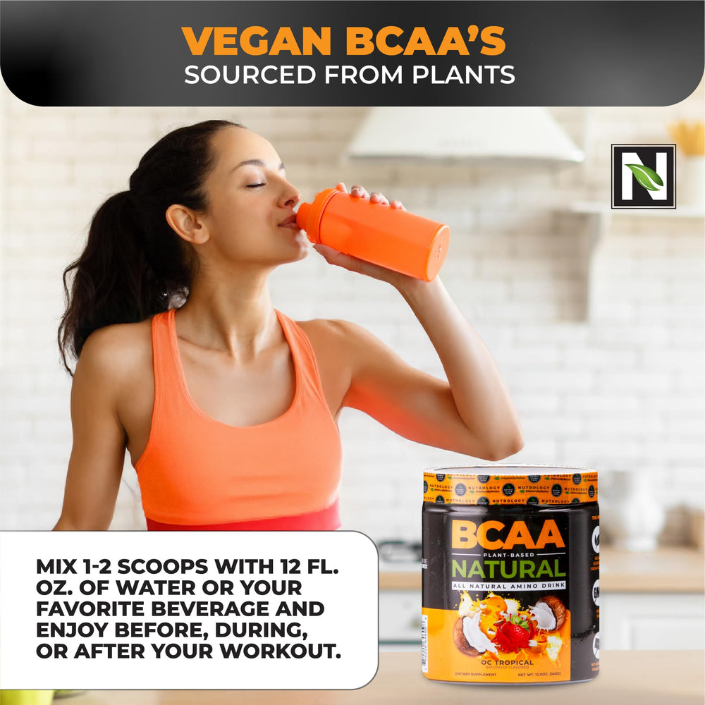 Nutrology vegan non-GMO gluten-free BCAA label emphasizes clean ingredients