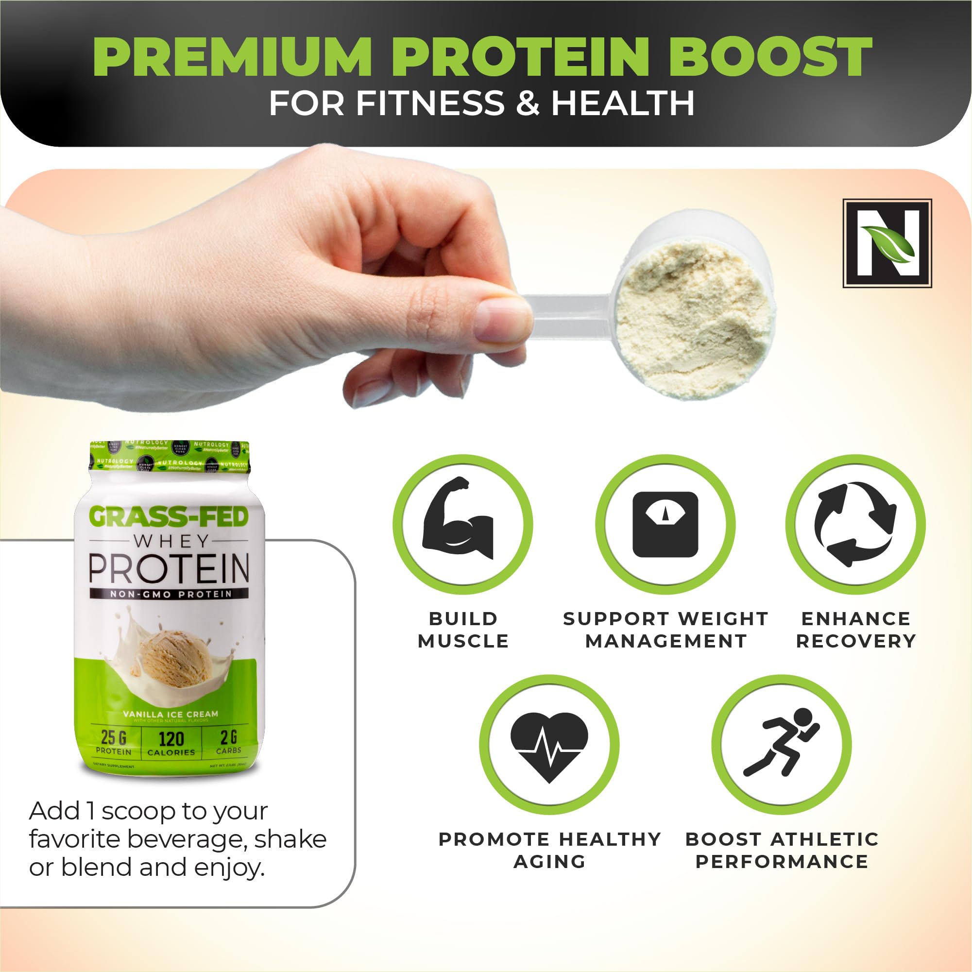 Nutrology whey protein scoop with 25 g serving for daily protein goals