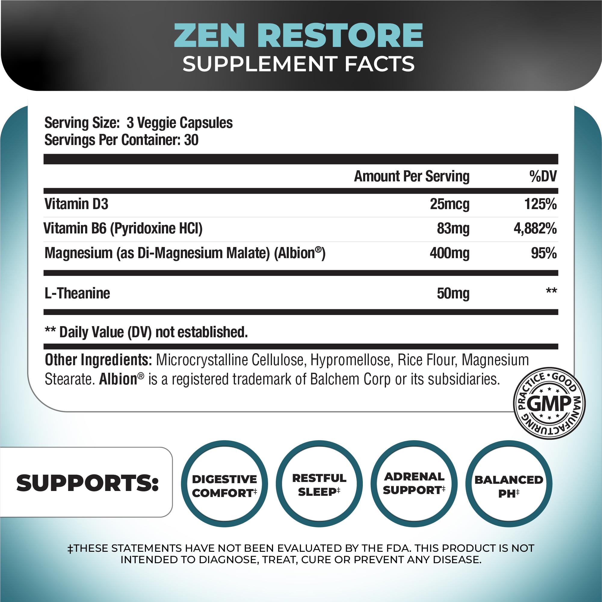 Close-up of Nutrology Zen Restore capsules highlighting magnesium-based recovery and relaxation
