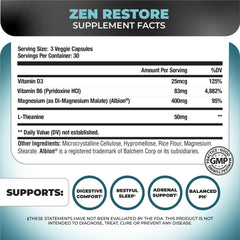 Close-up of Nutrology Zen Restore capsules highlighting magnesium-based recovery and relaxation