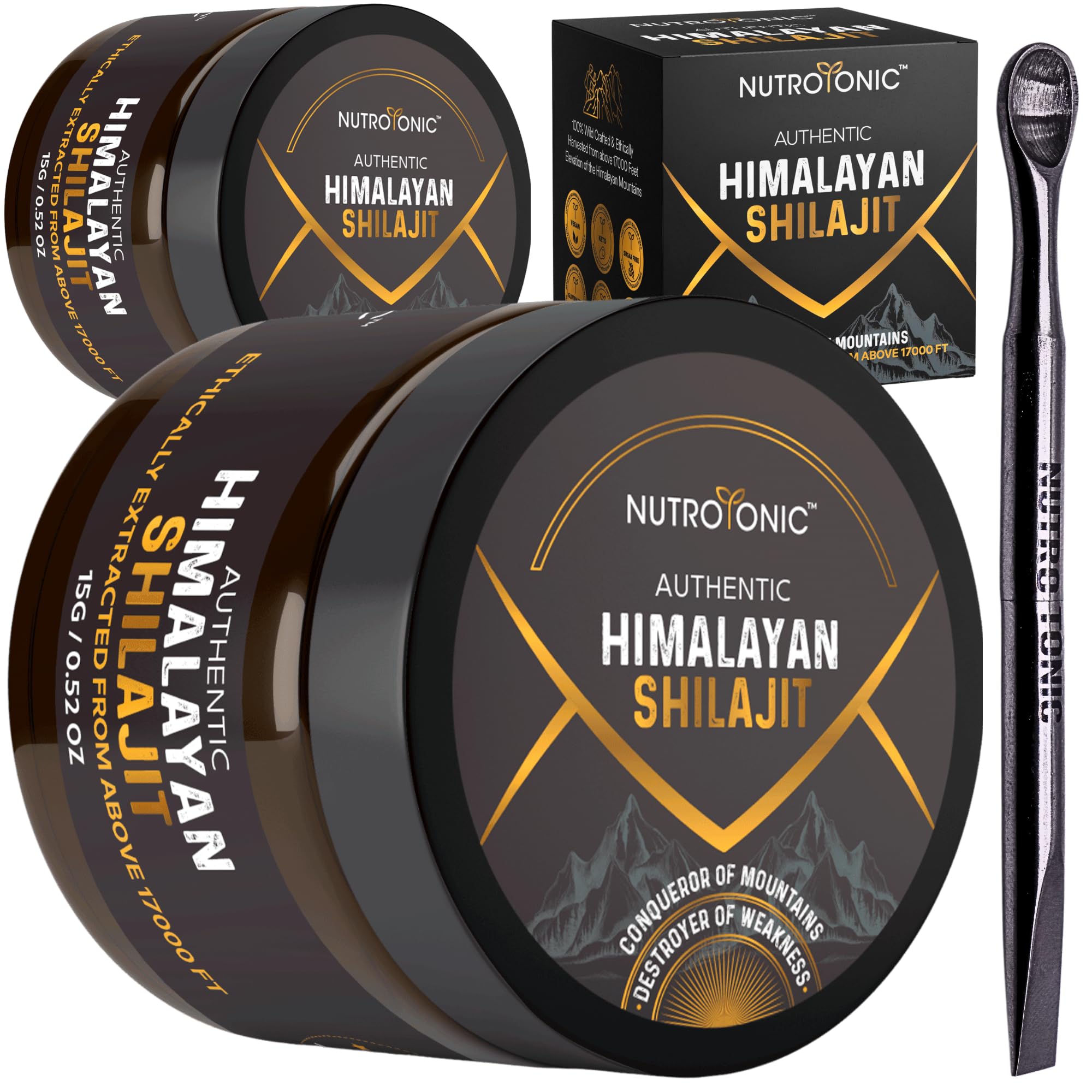 NutroTonic Pure Himalayan Shilajit Resin in bottle supporting natural energy.