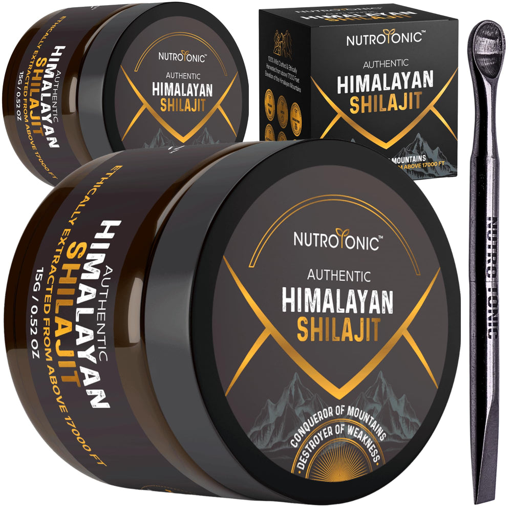 NutroTonic Pure Himalayan Shilajit Resin in bottle supporting natural energy.