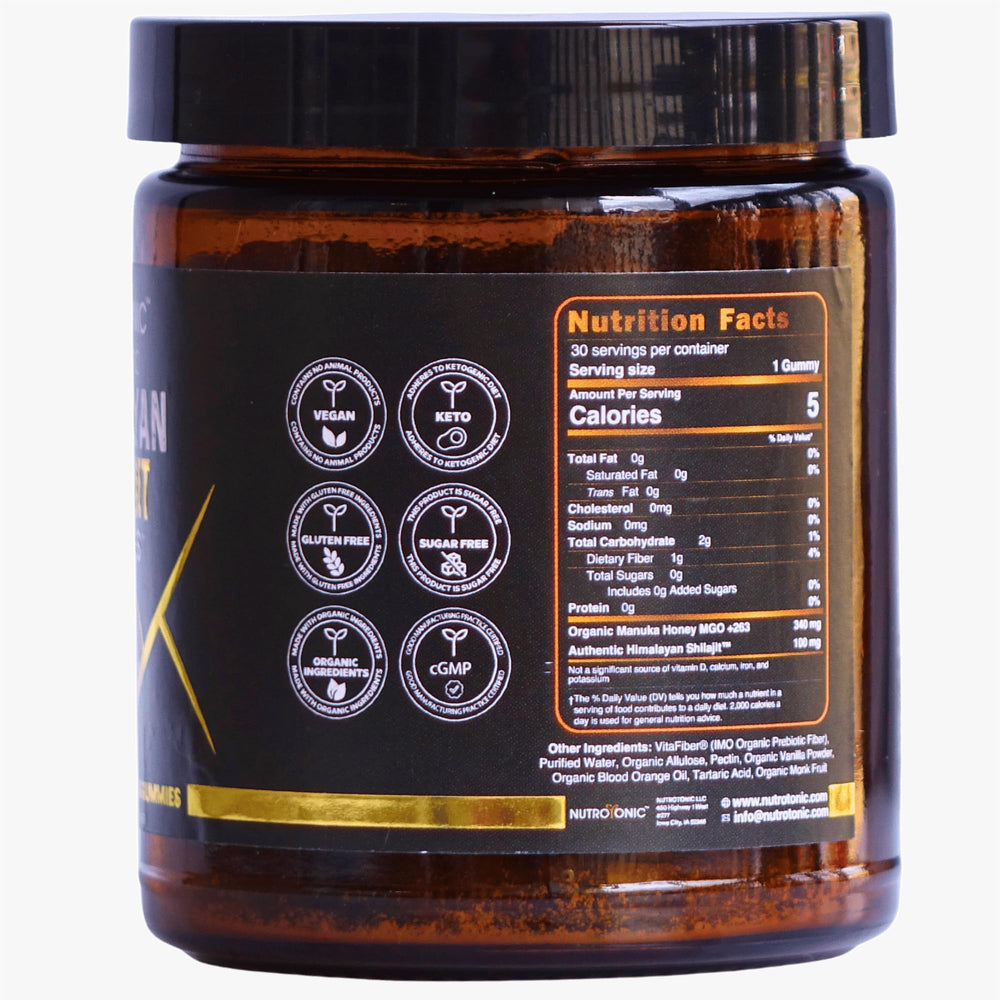 NutroTonic Shilajit Gummies dosage guide in container shows 1-2 daily use.