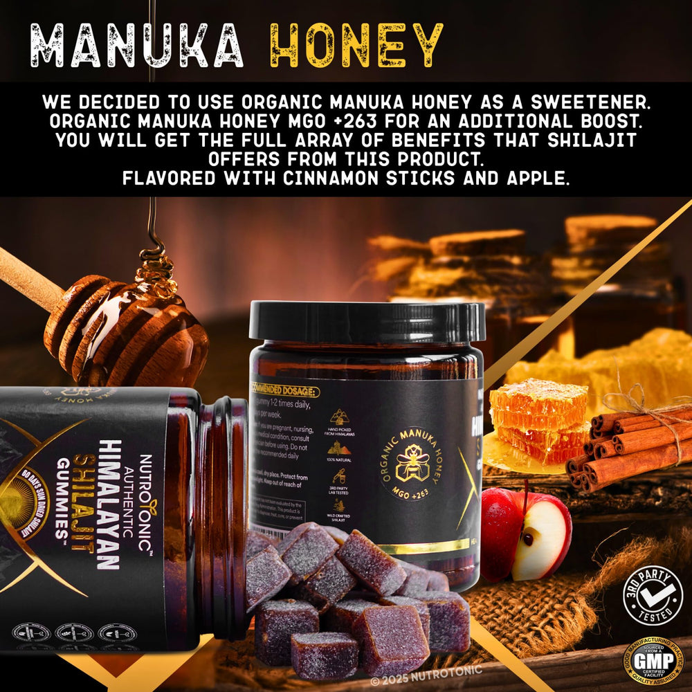 Gummies with Manuka honey drizzle highlighting natural sweetness