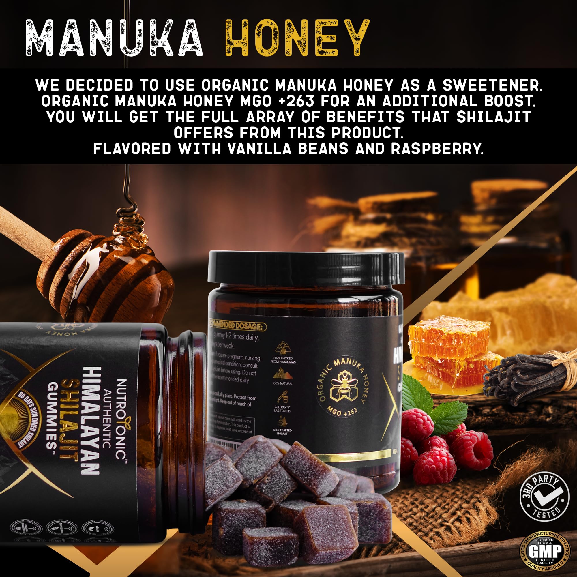 NutroTonic Shilajit Gummies with Manuka honey drop highlights natural sweetness.