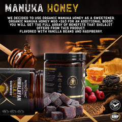 NutroTonic Shilajit Gummies with Manuka honey drop highlights natural sweetness.